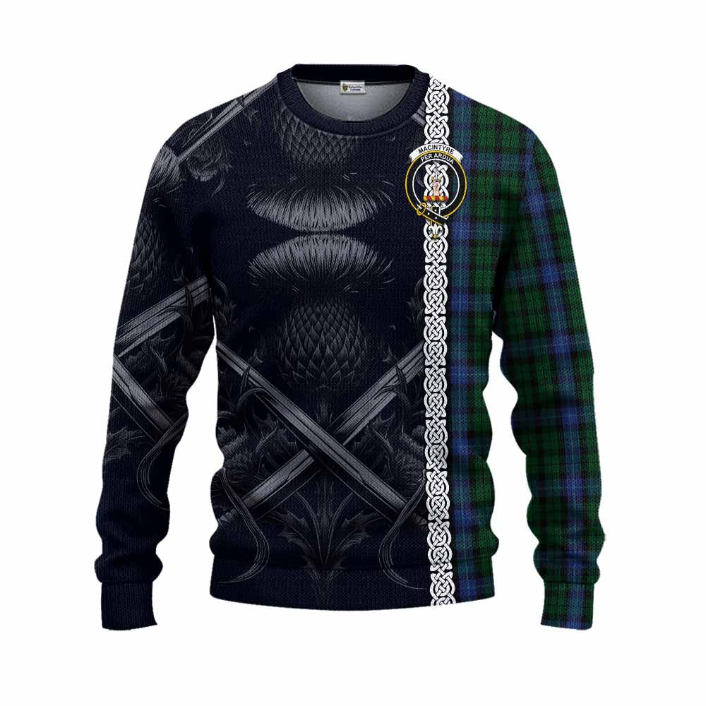 Tartan Vibes Clothing MacIntyre (McIntyre) Tartan Knitted Sweater with Family Crest Cross Sword Thistle Celtic Vibes