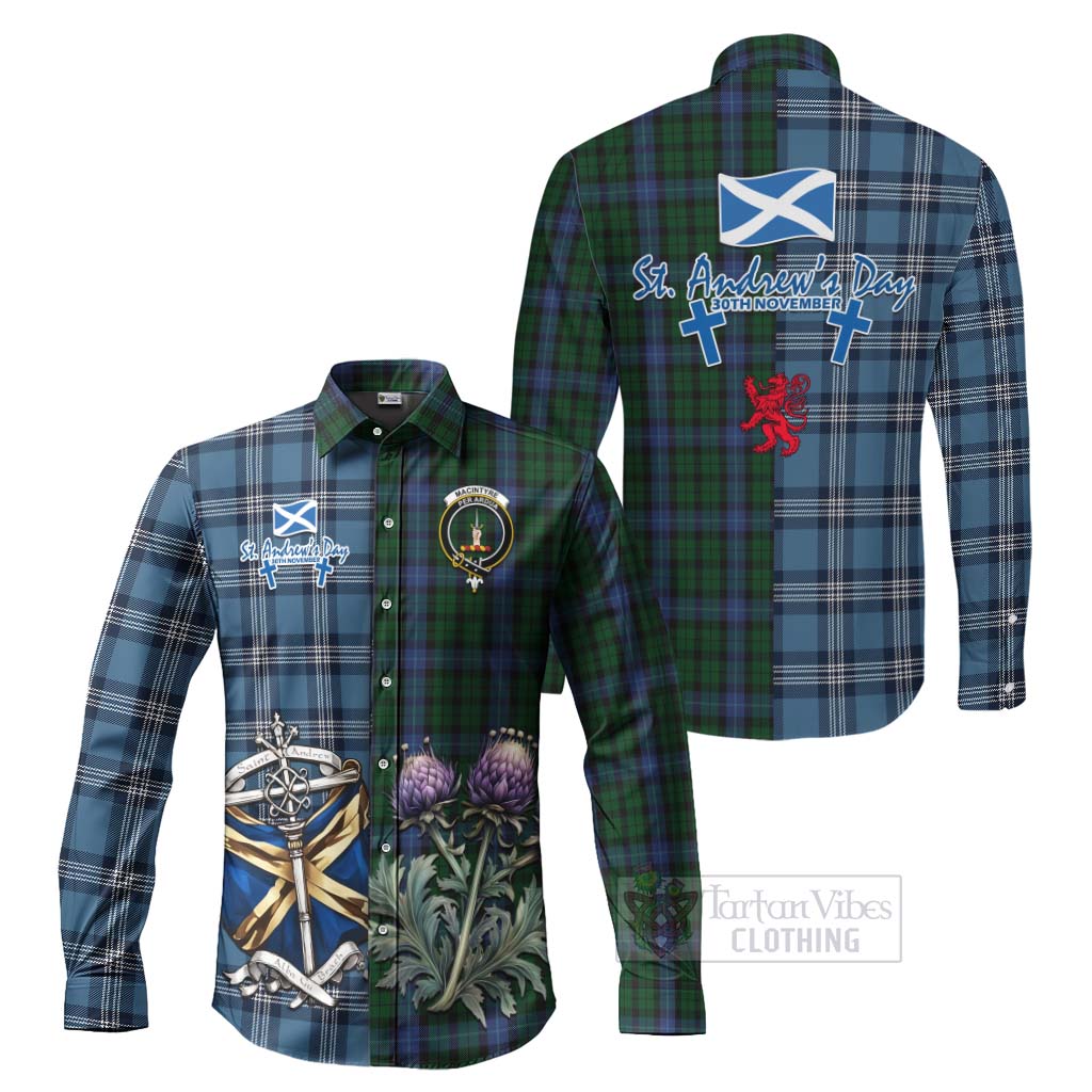 Tartan Vibes Clothing MacIntyre (McIntyre) Tartan Long Sleeve Button Shirt Happy St. Andrew's Day Half Tartan Style