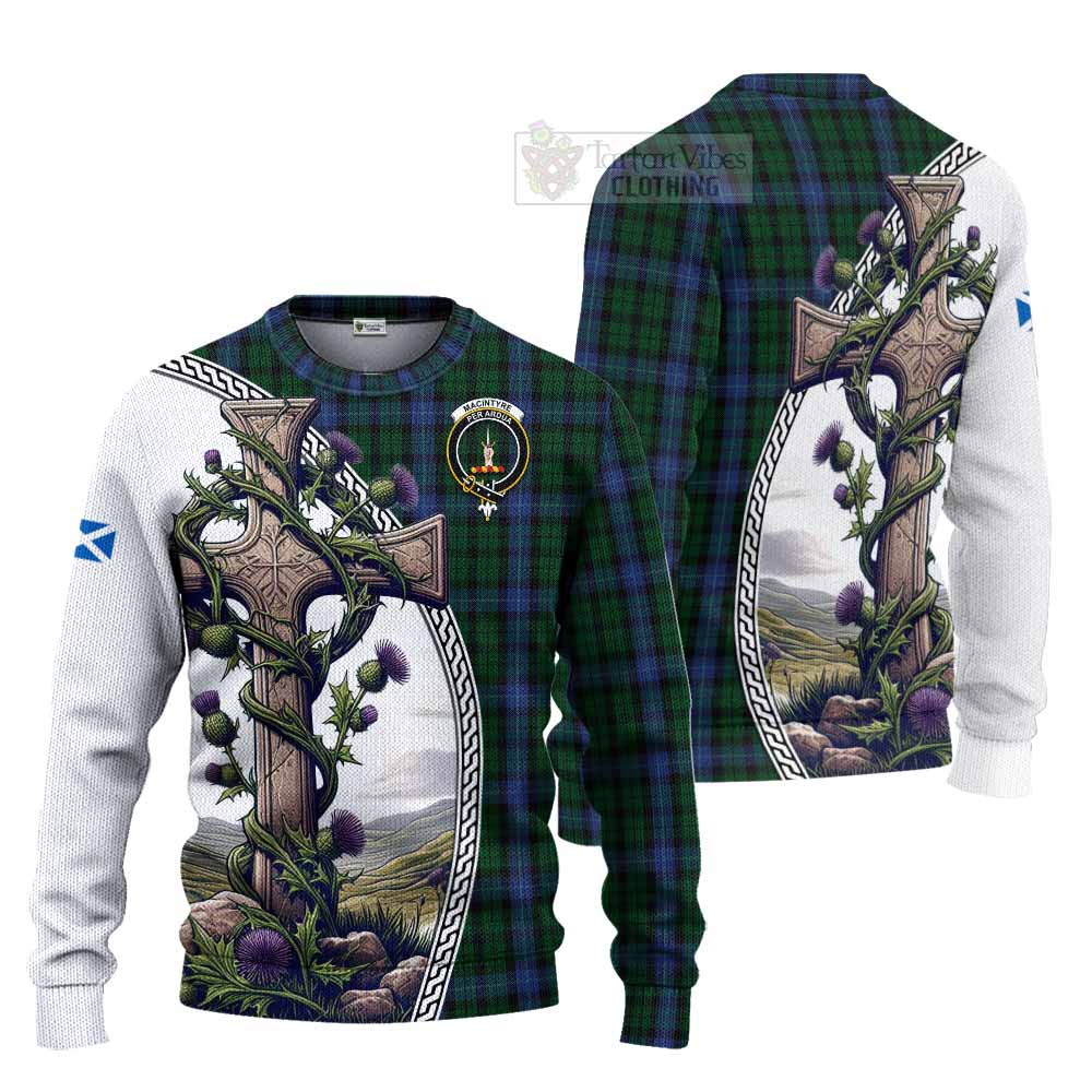 Tartan Vibes Clothing MacIntyre (McIntyre) Tartan Knitted Sweater with Family Crest and St. Andrew's Cross Accented by Thistle Vines