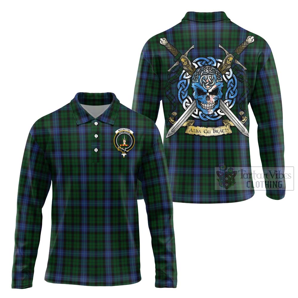 Tartan Vibes Clothing MacIntyre (McIntyre) Tartan Long Sleeve Polo Shirt with Family Crest Celtic Skull Style