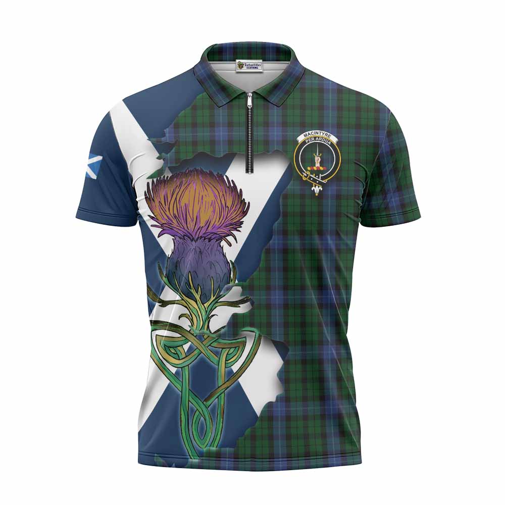 Tartan Vibes Clothing MacIntyre (McIntyre) Tartan Family Crest Zipper Polo Shirt Scottish Thistle Celtic Inspired