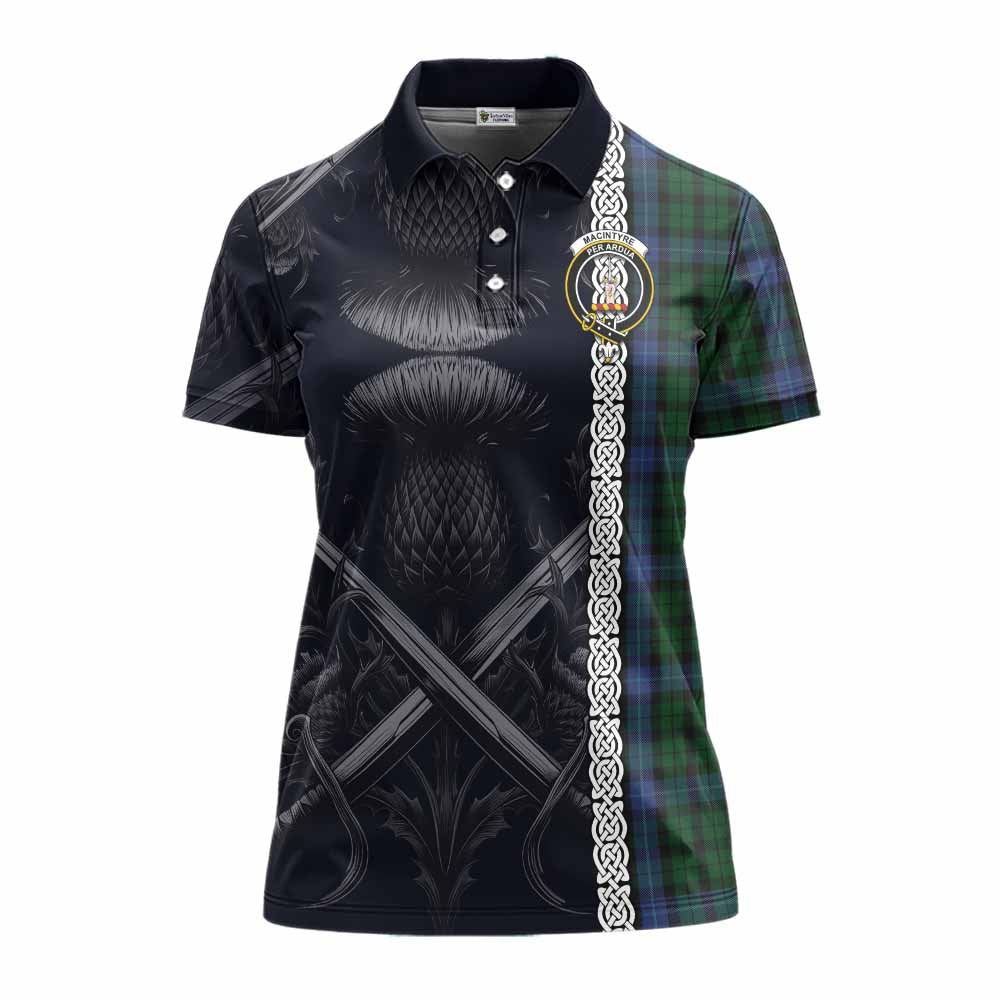 Tartan Vibes Clothing MacIntyre (McIntyre) Tartan Women's Polo Shirt with Family Crest Cross Sword Thistle Celtic Vibes