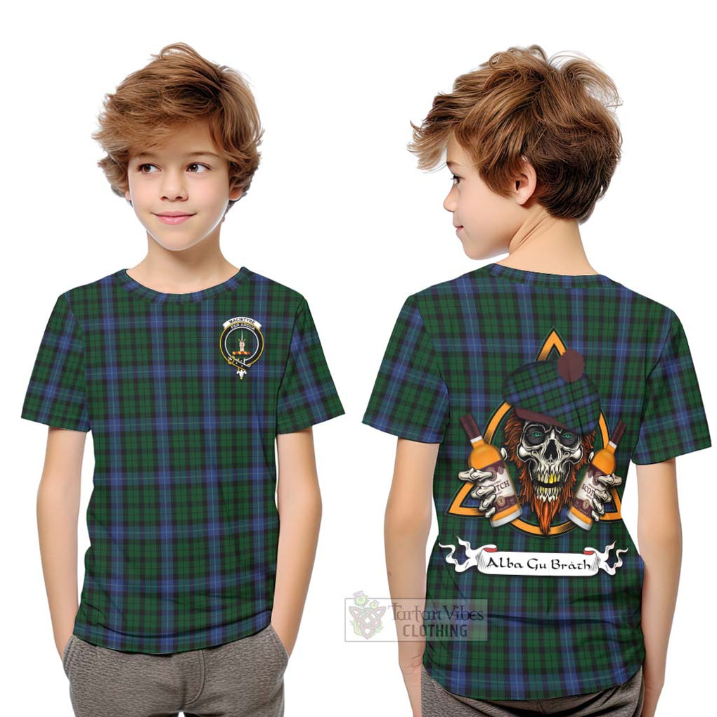 Tartan Vibes Clothing MacIntyre (McIntyre) Tartan Kid T-Shirt with Family Crest and Bearded Skull Holding Bottles of Whiskey