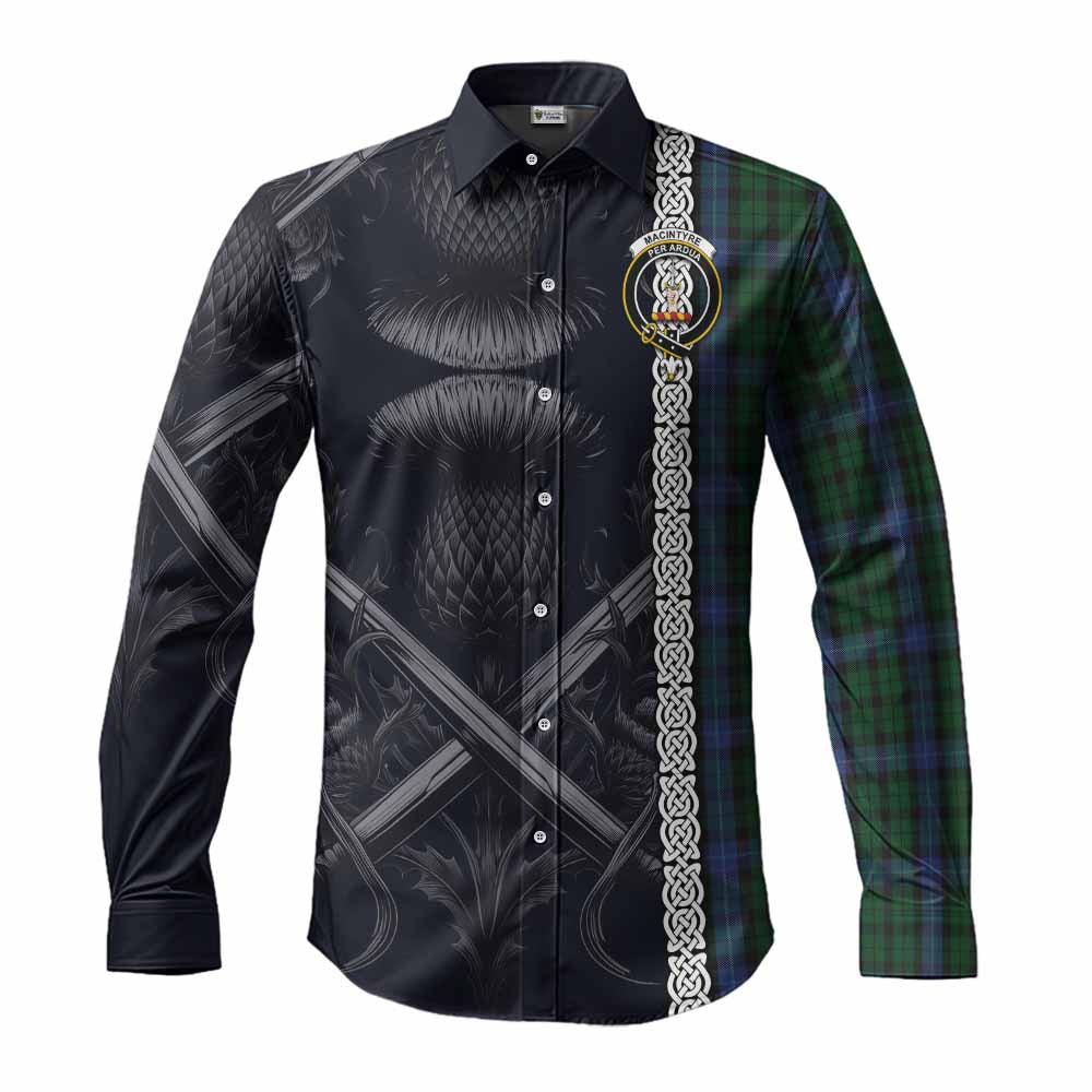 Tartan Vibes Clothing MacIntyre (McIntyre) Tartan Long Sleeve Button Shirt with Family Crest Cross Sword Thistle Celtic Vibes