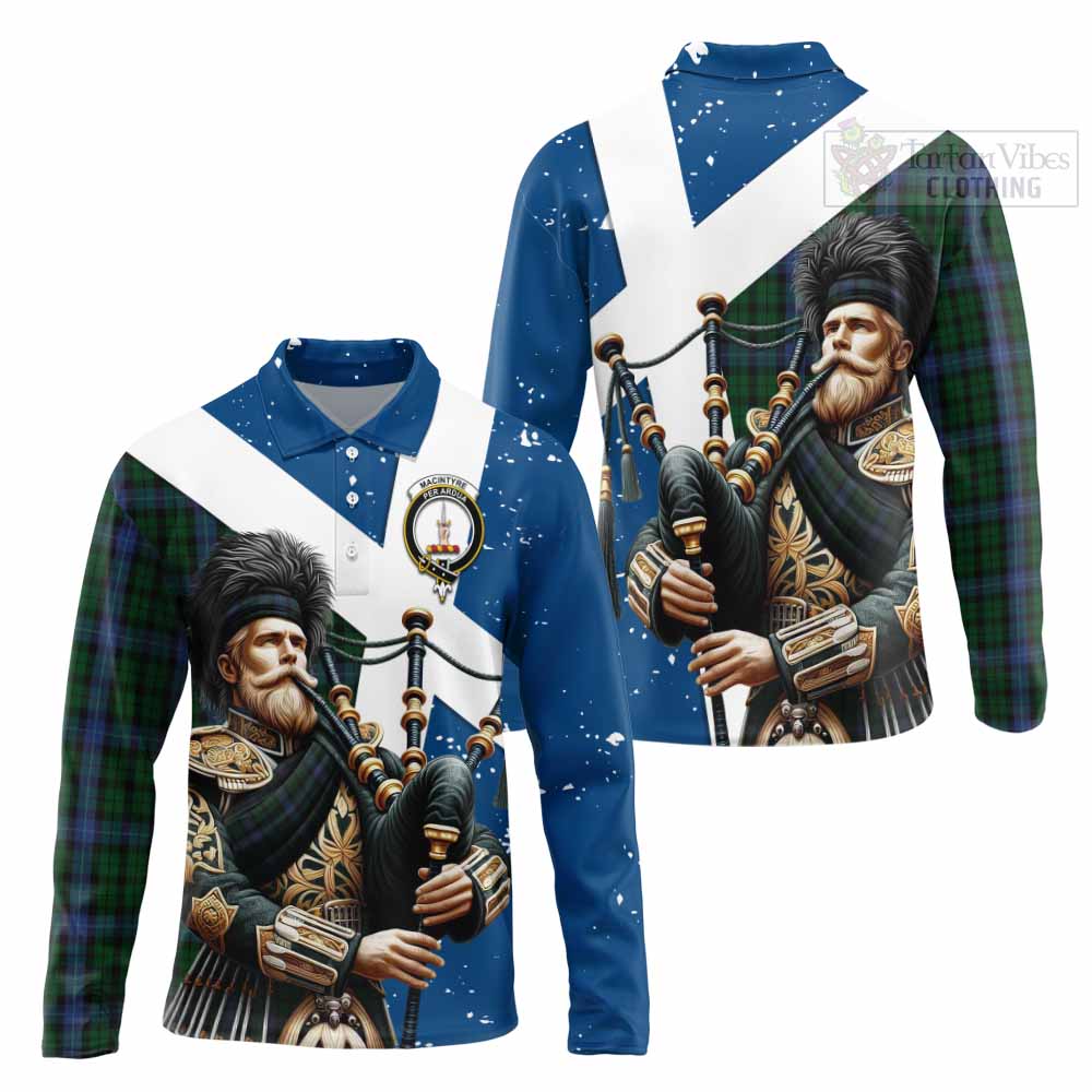 Tartan Vibes Clothing MacIntyre (McIntyre) Tartan Long Sleeve Polo Shirt with Family Crest Scottish Bagpiper Vibes