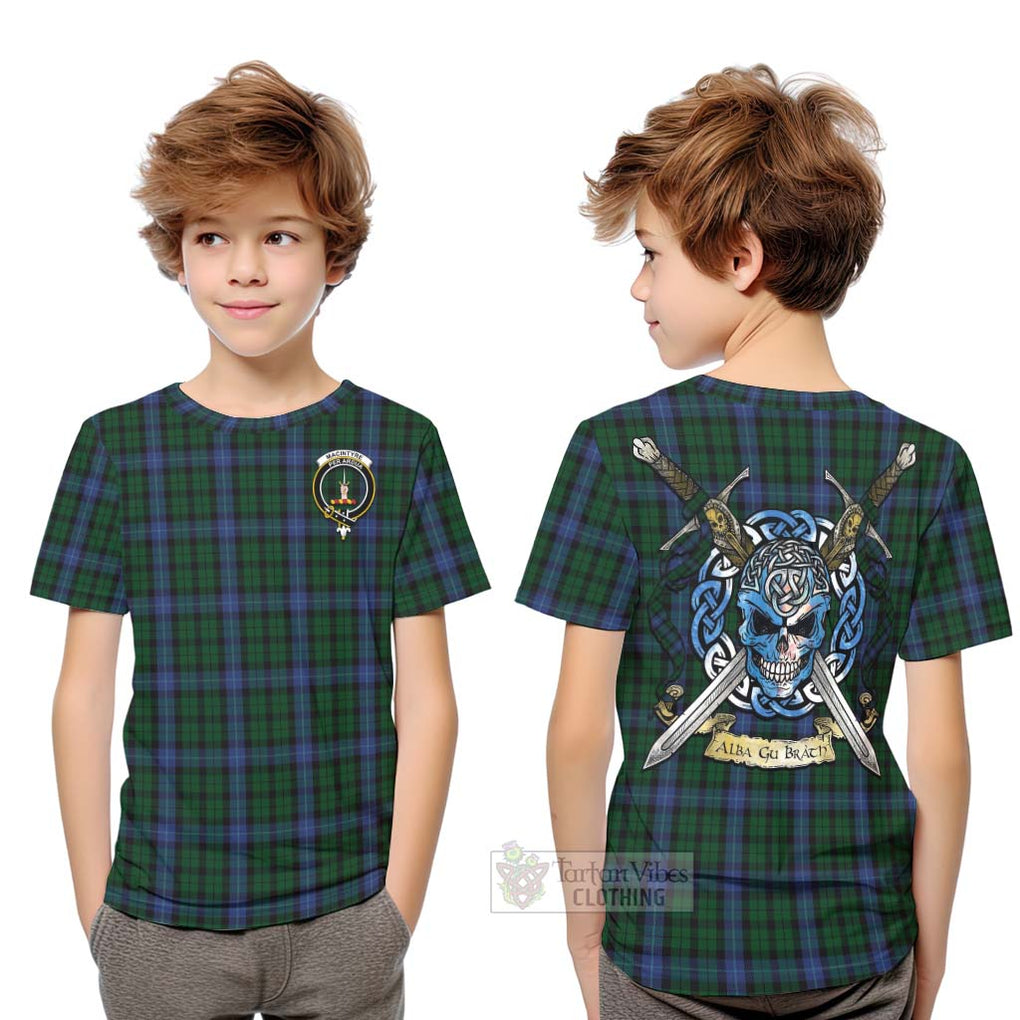 Tartan Vibes Clothing MacIntyre (McIntyre) Tartan Kid T-Shirt with Family Crest Celtic Skull Style