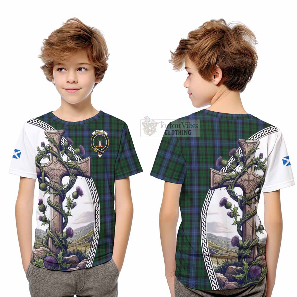 Tartan Vibes Clothing MacIntyre (McIntyre) Tartan Kid T-Shirt with Family Crest and St. Andrew's Cross Accented by Thistle Vines