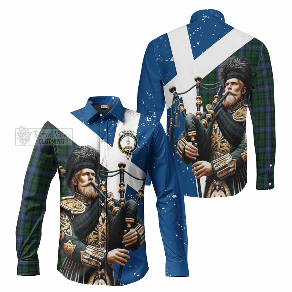 Tartan Vibes Clothing MacIntyre (McIntyre) Tartan Long Sleeve Button Shirt with Family Crest Scottish Bagpiper Vibes