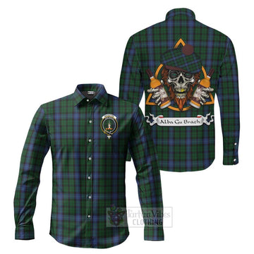 MacIntyre (McIntyre) Tartan Long Sleeve Button Shirt with Family Crest and Bearded Skull Holding Bottles of Whiskey