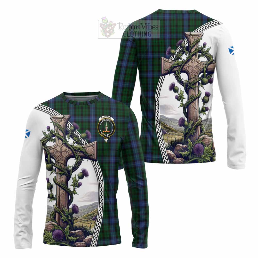 Tartan Vibes Clothing MacIntyre (McIntyre) Tartan Long Sleeve T-Shirt with Family Crest and St. Andrew's Cross Accented by Thistle Vines