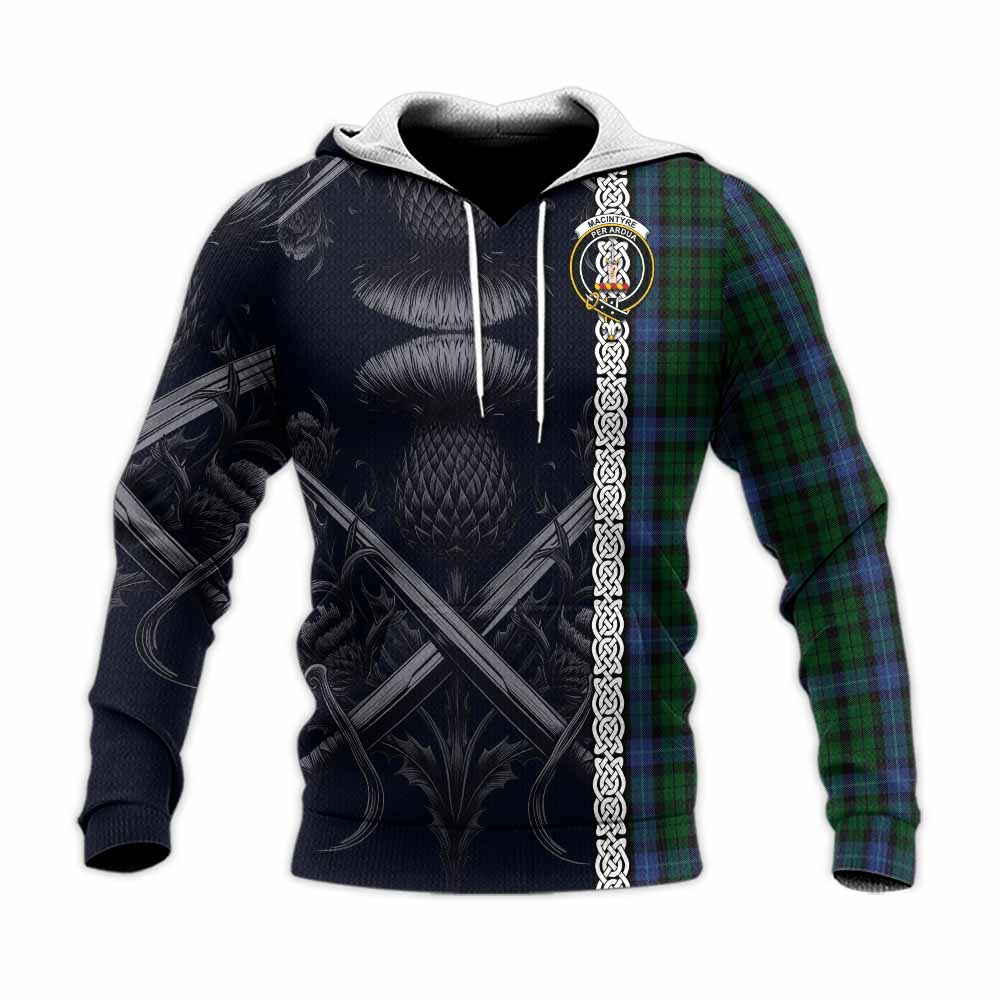 Tartan Vibes Clothing MacIntyre (McIntyre) Tartan Knitted Hoodie with Family Crest Cross Sword Thistle Celtic Vibes