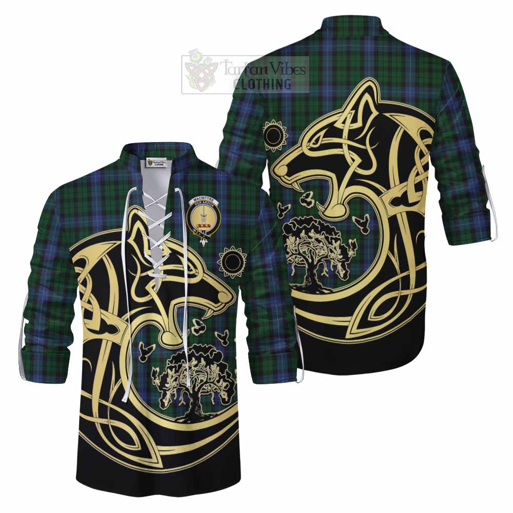 Tartan Vibes Clothing MacIntyre (McIntyre) Tartan Ghillie Kilt Shirt with Family Crest Celtic Wolf Style