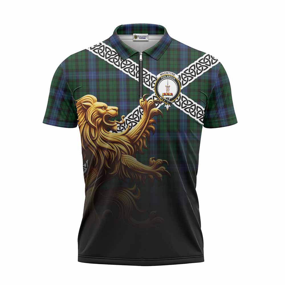 Tartan Vibes Clothing MacIntyre (McIntyre) Crest Tartan Zipper Polo Shirt with Golden Lion Emblem Celtic Style