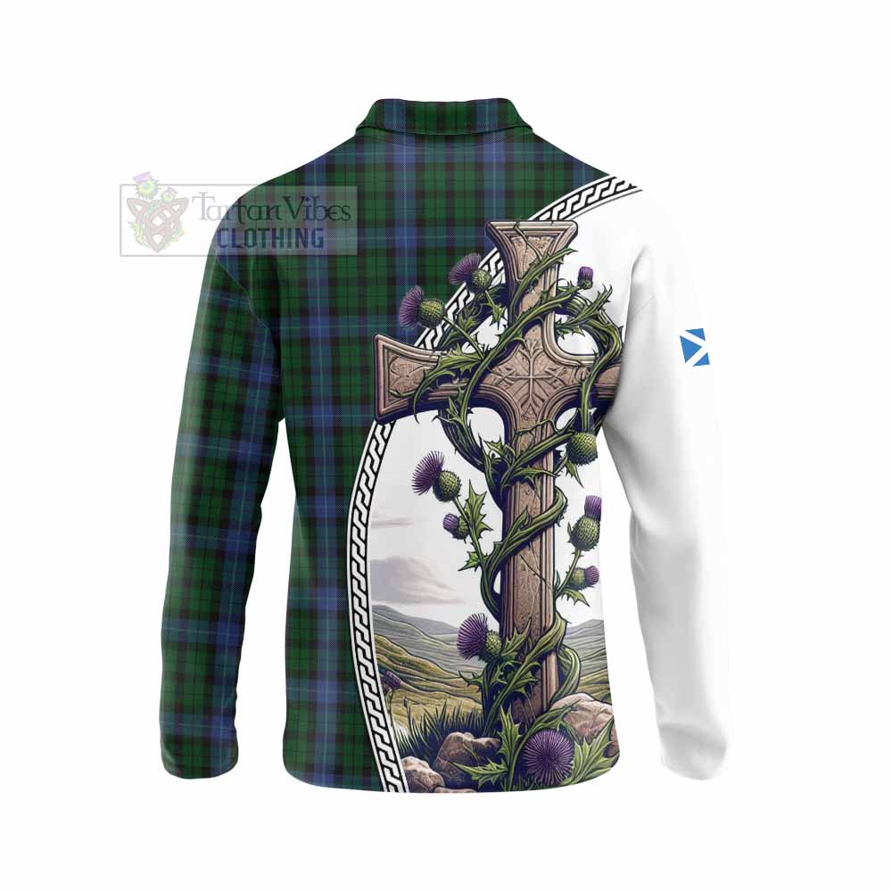 Tartan Vibes Clothing MacIntyre (McIntyre) Tartan Long Sleeve Polo Shirt with Family Crest and St. Andrew's Cross Accented by Thistle Vines