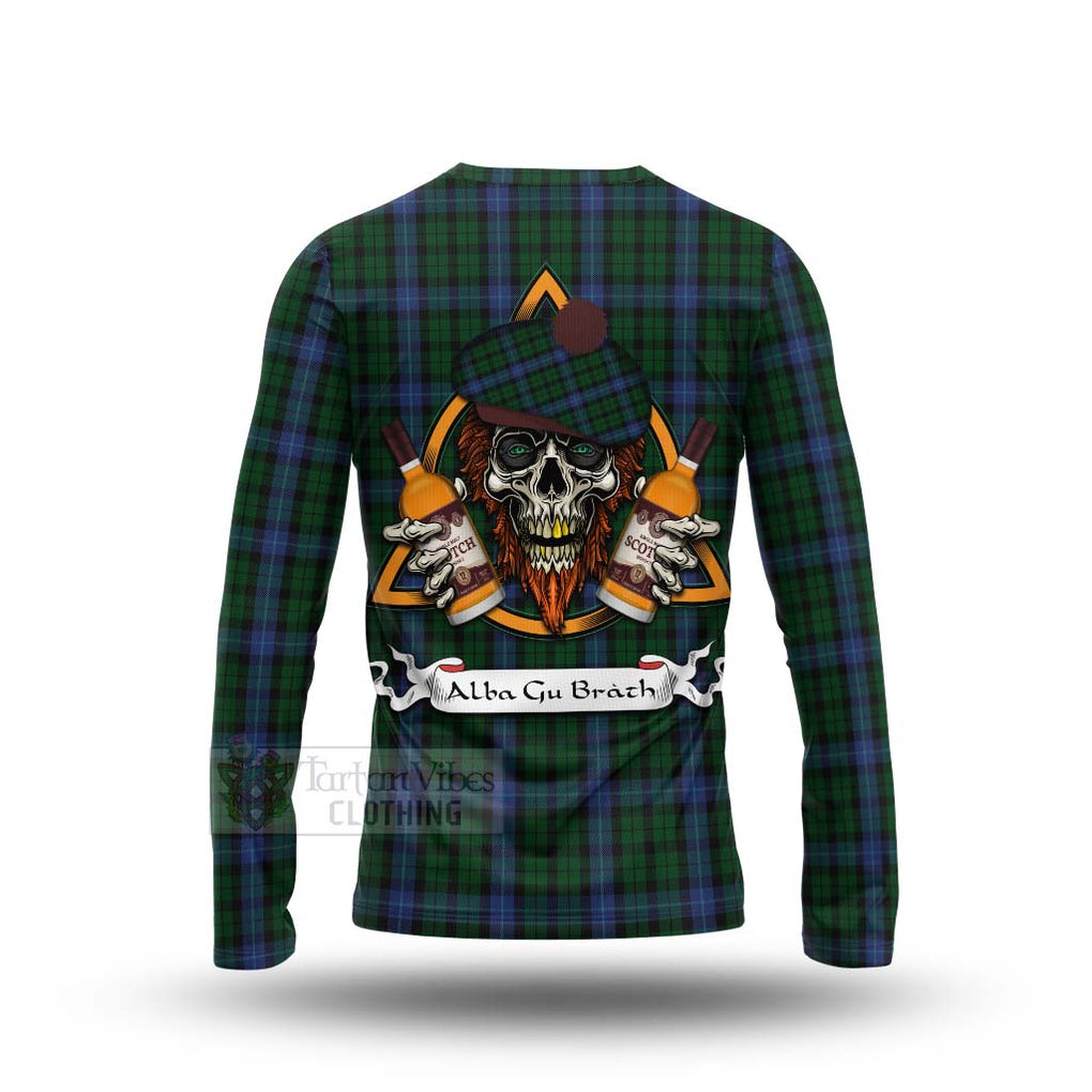 Tartan Vibes Clothing MacIntyre (McIntyre) Tartan Long Sleeve T-Shirt with Family Crest and Bearded Skull Holding Bottles of Whiskey