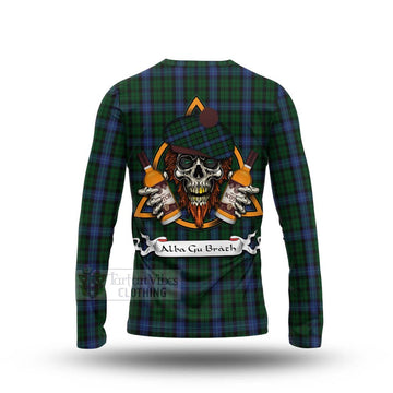 Tartan Vibes Clothing MacIntyre (McIntyre) Tartan Long Sleeve T-Shirt with Family Crest and Bearded Skull Holding Bottles of Whiskey