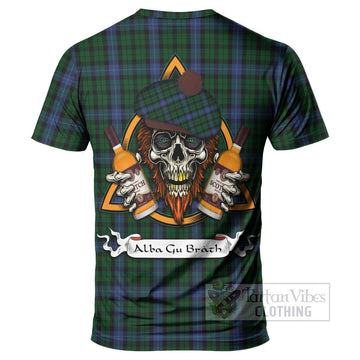Tartan Vibes Clothing MacIntyre (McIntyre) Tartan T-Shirt with Family Crest and Bearded Skull Holding Bottles of Whiskey