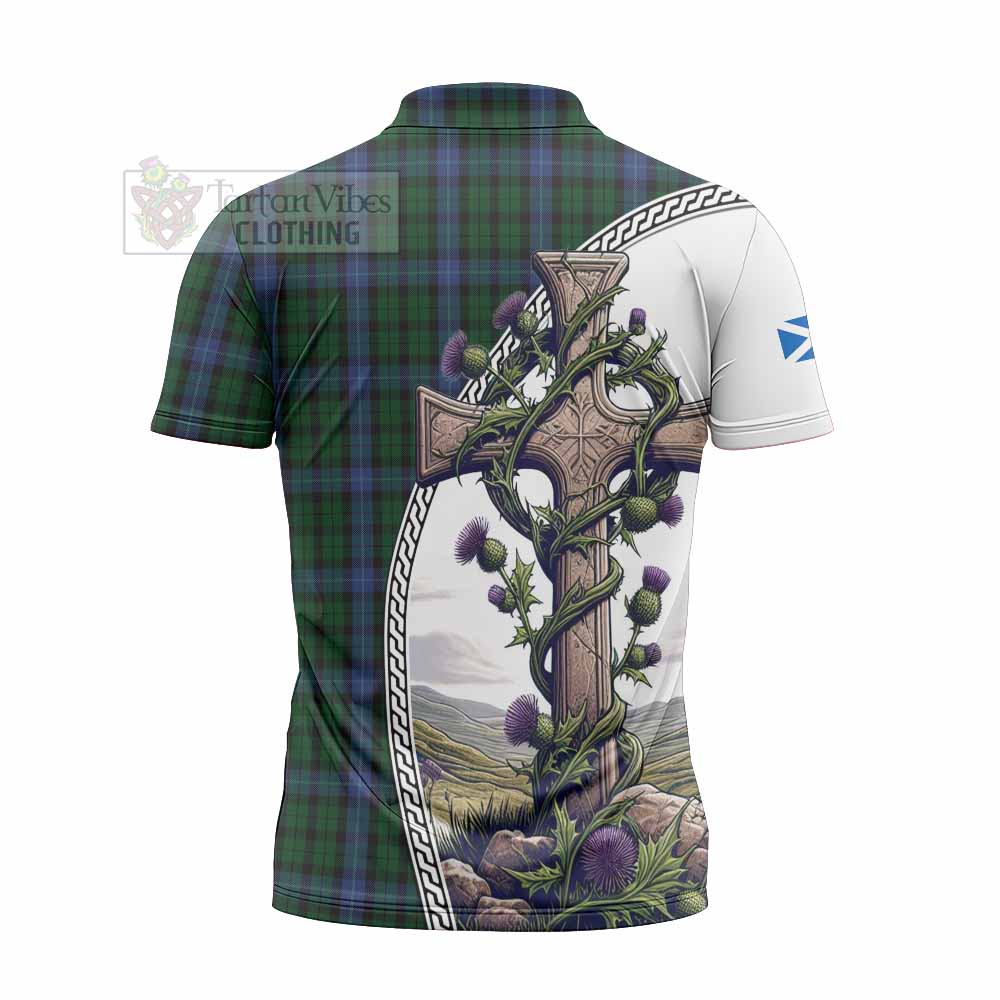 Tartan Vibes Clothing MacIntyre (McIntyre) Tartan Zipper Polo Shirt with Family Crest and St. Andrew's Cross Accented by Thistle Vines