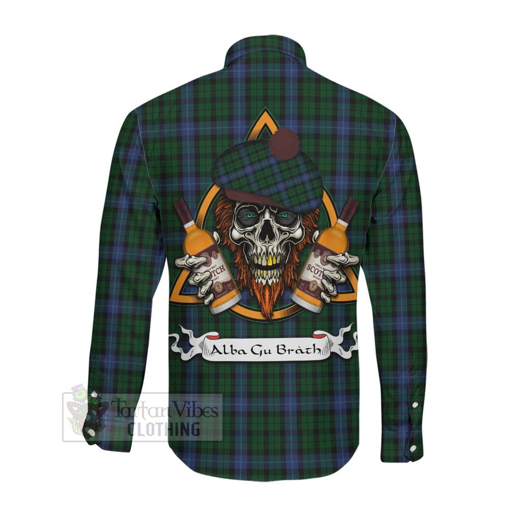 Tartan Vibes Clothing MacIntyre (McIntyre) Tartan Long Sleeve Button Shirt with Family Crest and Bearded Skull Holding Bottles of Whiskey