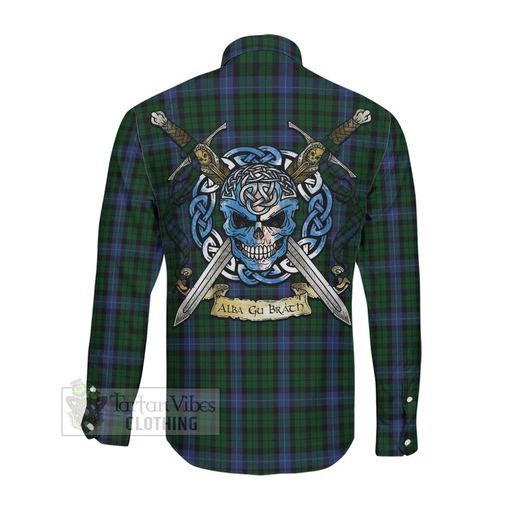 Tartan Vibes Clothing MacIntyre (McIntyre) Tartan Long Sleeve Button Shirt with Family Crest Celtic Skull Style