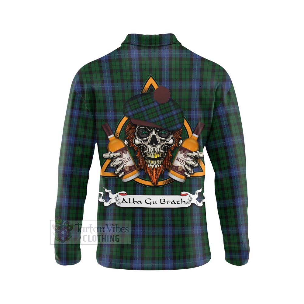 Tartan Vibes Clothing MacIntyre (McIntyre) Tartan Long Sleeve Polo Shirt with Family Crest and Bearded Skull Holding Bottles of Whiskey