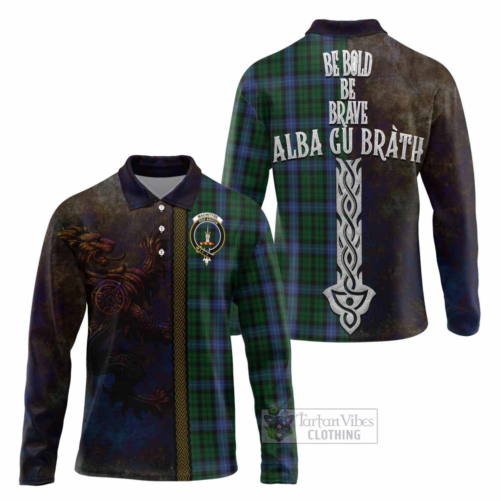 Tartan Vibes Clothing MacIntyre (McIntyre) Tartan Family Crest Long Sleeve Polo Shirt Alba Gu Brath Be Brave Lion Ancient Style