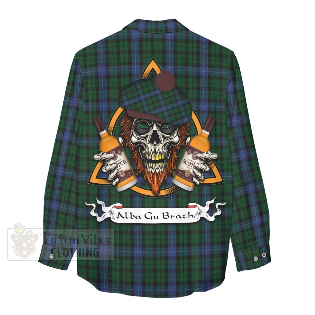 Tartan Vibes Clothing MacIntyre (McIntyre) Tartan Women's Casual Shirt with Family Crest and Bearded Skull Holding Bottles of Whiskey