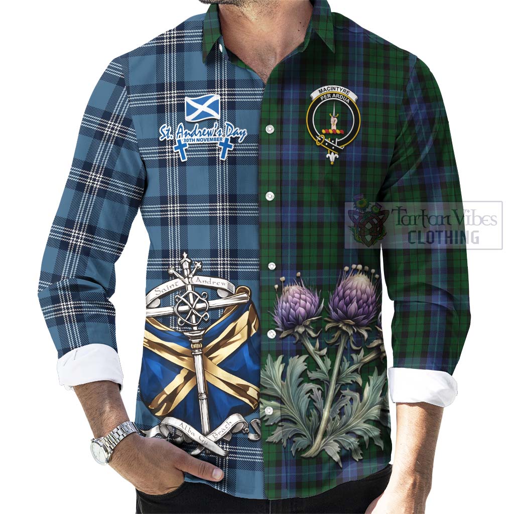 Tartan Vibes Clothing MacIntyre (McIntyre) Tartan Long Sleeve Button Shirt Happy St. Andrew's Day Half Tartan Style