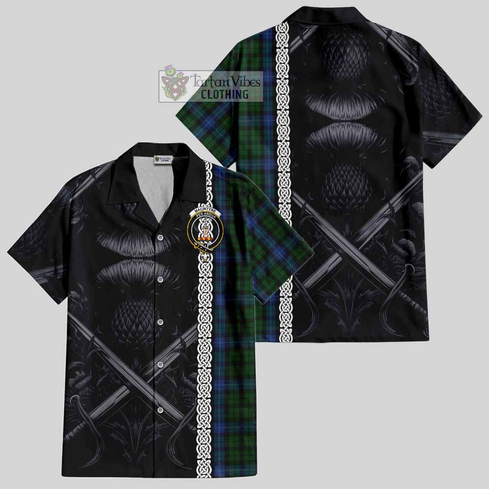 Tartan Vibes Clothing MacIntyre (McIntyre) Tartan Short Sleeve Button Shirt with Family Crest Cross Sword Thistle Celtic Vibes