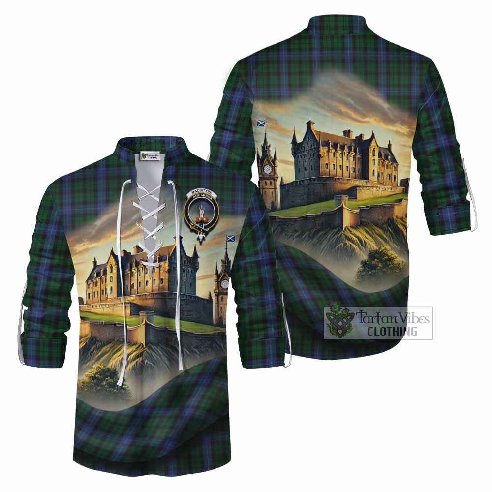 Tartan Vibes Clothing MacIntyre (McIntyre) Tartan Family Crest Ghillie Kilt Shirt with Scottish Ancient Castle Style