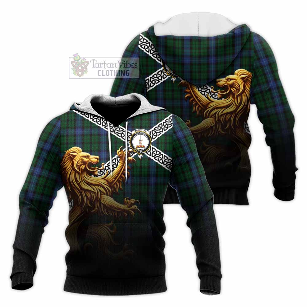 Tartan Vibes Clothing MacIntyre (McIntyre) Crest Tartan Knitted Hoodie with Golden Lion Emblem Celtic Style