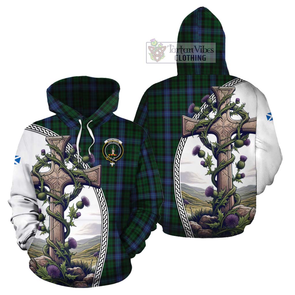 Tartan Vibes Clothing MacIntyre (McIntyre) Tartan Cotton Hoodie with Family Crest and St. Andrew's Cross Accented by Thistle Vines