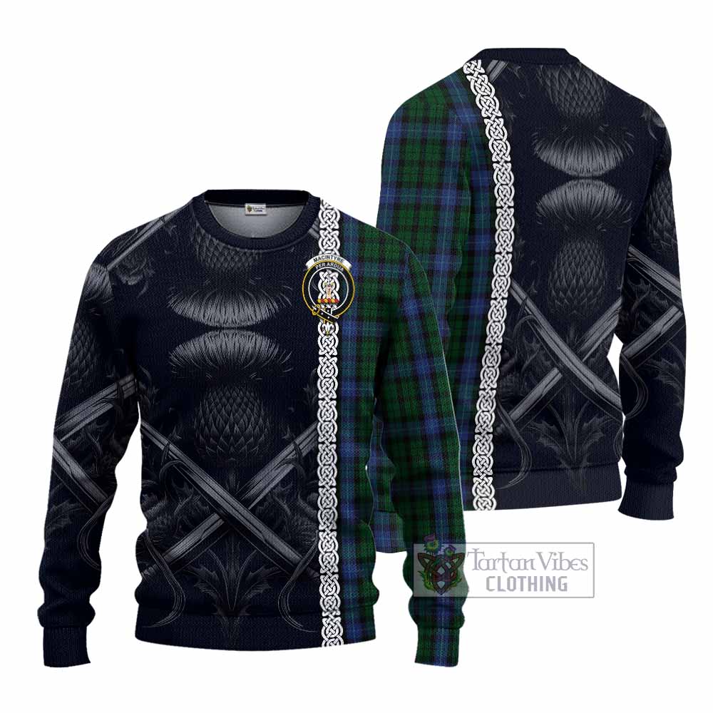 Tartan Vibes Clothing MacIntyre (McIntyre) Tartan Knitted Sweater with Family Crest Cross Sword Thistle Celtic Vibes