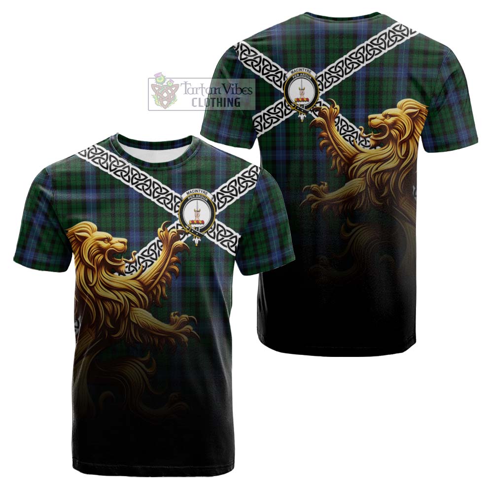 Tartan Vibes Clothing MacIntyre (McIntyre) Crest Tartan Cotton T-shirt with Golden Lion Emblem Celtic Style