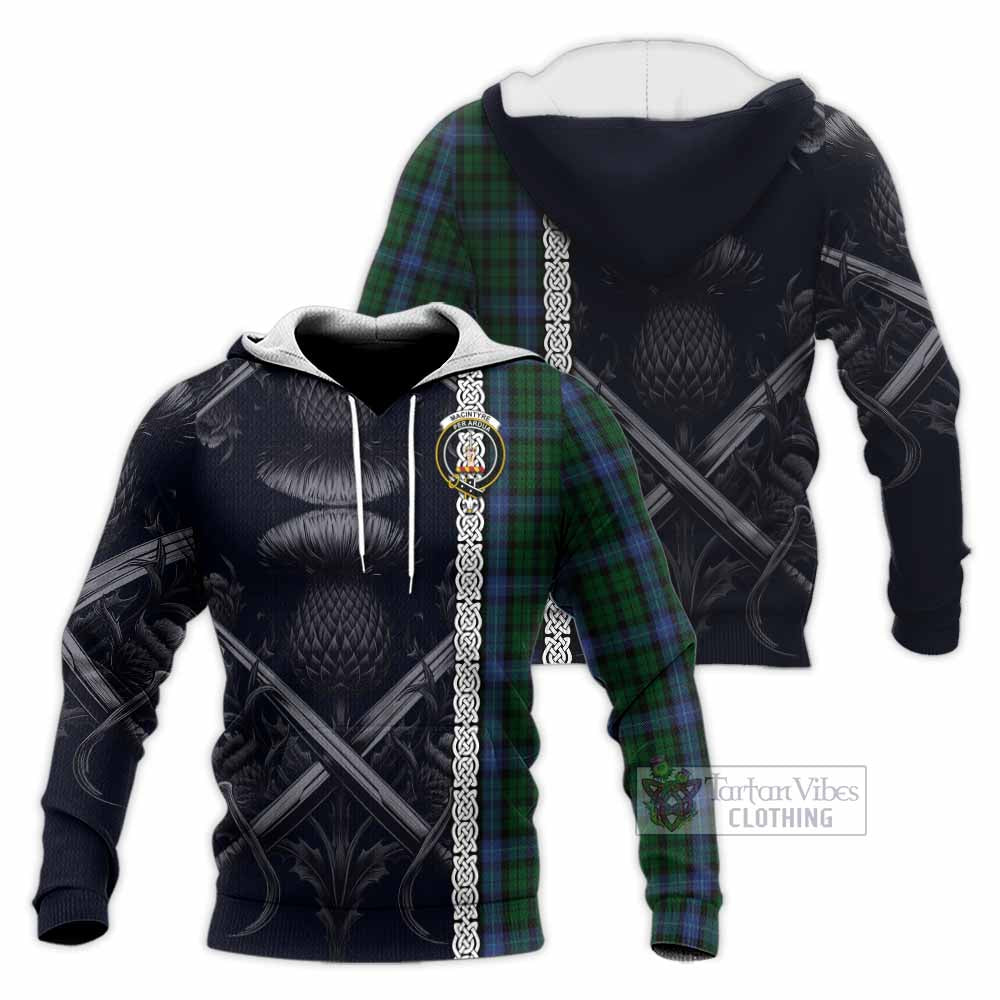 Tartan Vibes Clothing MacIntyre (McIntyre) Tartan Knitted Hoodie with Family Crest Cross Sword Thistle Celtic Vibes