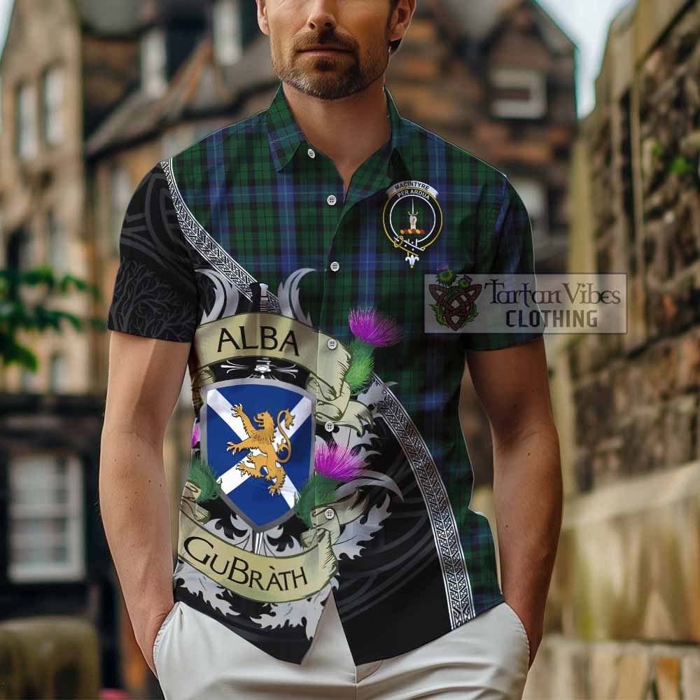 Tartan Vibes Clothing MacIntyre (McIntyre) Tartan Family Crest Short Sleeve Button Shirt Lion Rampant Royal Thistle Shield Celtic Inspired