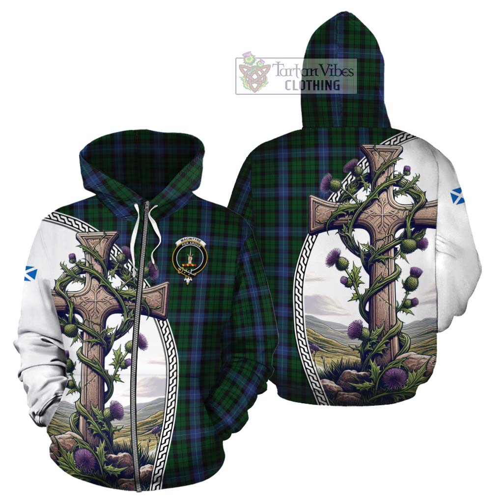 Tartan Vibes Clothing MacIntyre (McIntyre) Tartan Cotton Hoodie with Family Crest and St. Andrew's Cross Accented by Thistle Vines