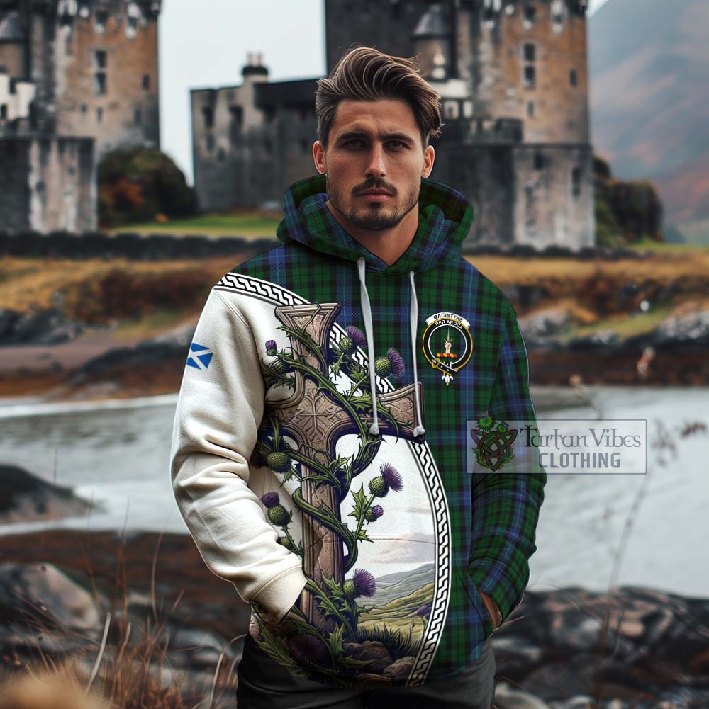 Tartan Vibes Clothing MacIntyre (McIntyre) Tartan Cotton Hoodie with Family Crest and St. Andrew's Cross Accented by Thistle Vines