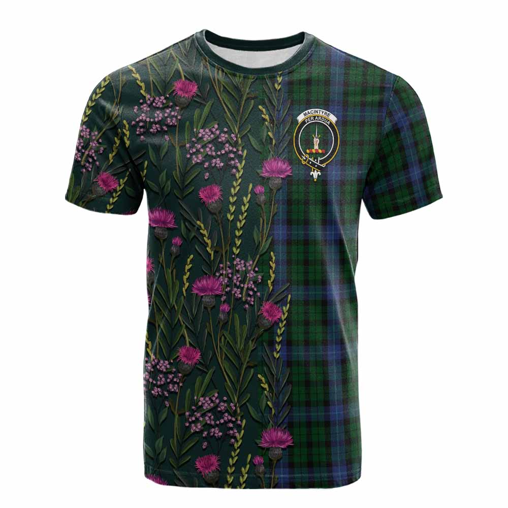 MacIntyre (McIntyre) Family Crest Tartan Cotton T-shirt Scottish Thistle Flower Pattern Half Style - Tartan Vibes Clothing