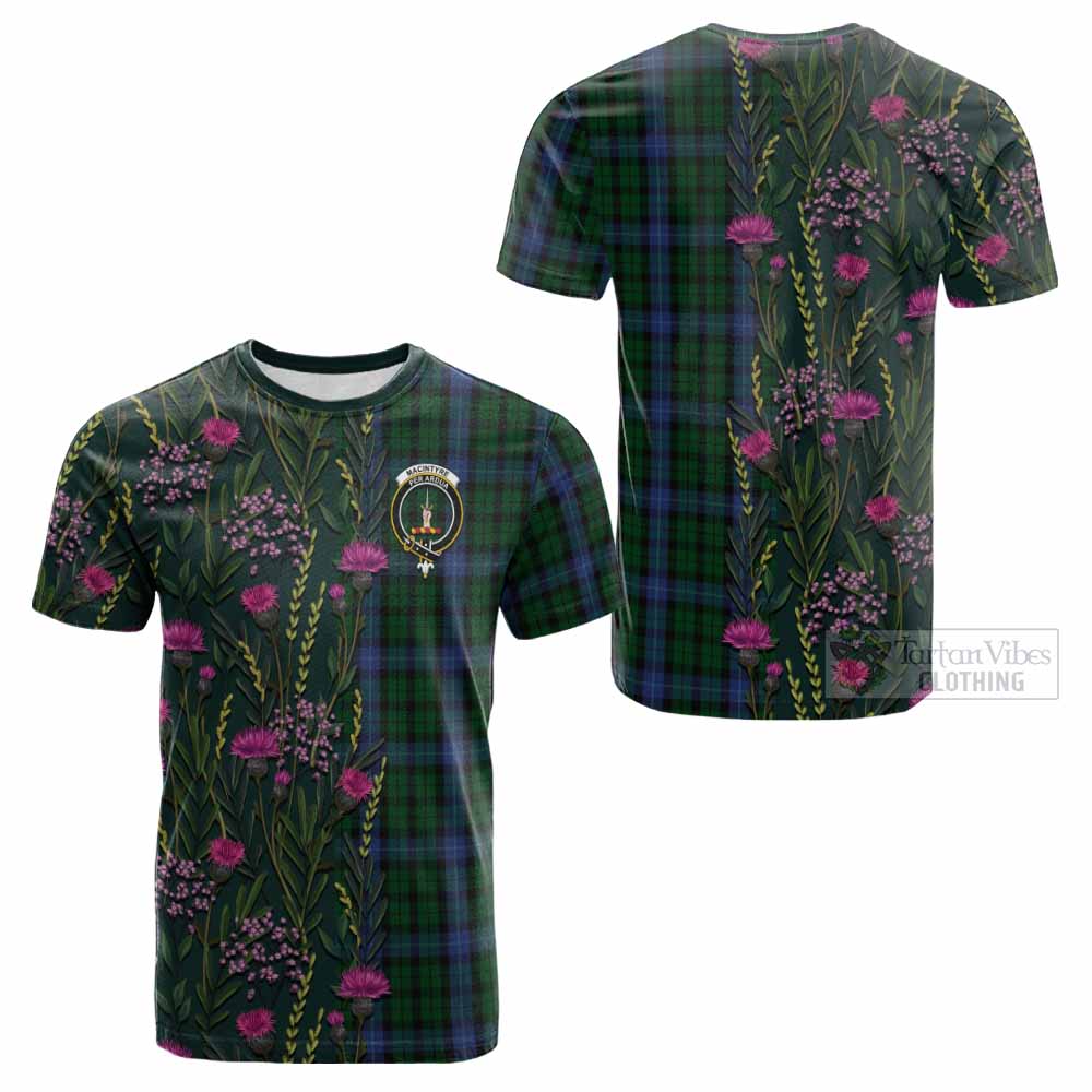 MacIntyre (McIntyre) Family Crest Tartan Cotton T-shirt Scottish Thistle Flower Pattern Half Style - Tartan Vibes Clothing