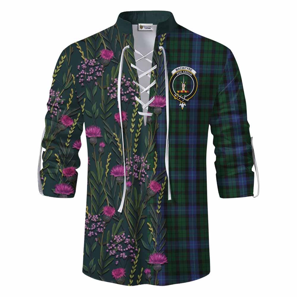 MacIntyre (McIntyre) Family Crest Tartan Ghillie Shirt Scottish Thistle Flower Pattern Half Style - Tartan Vibes Clothing