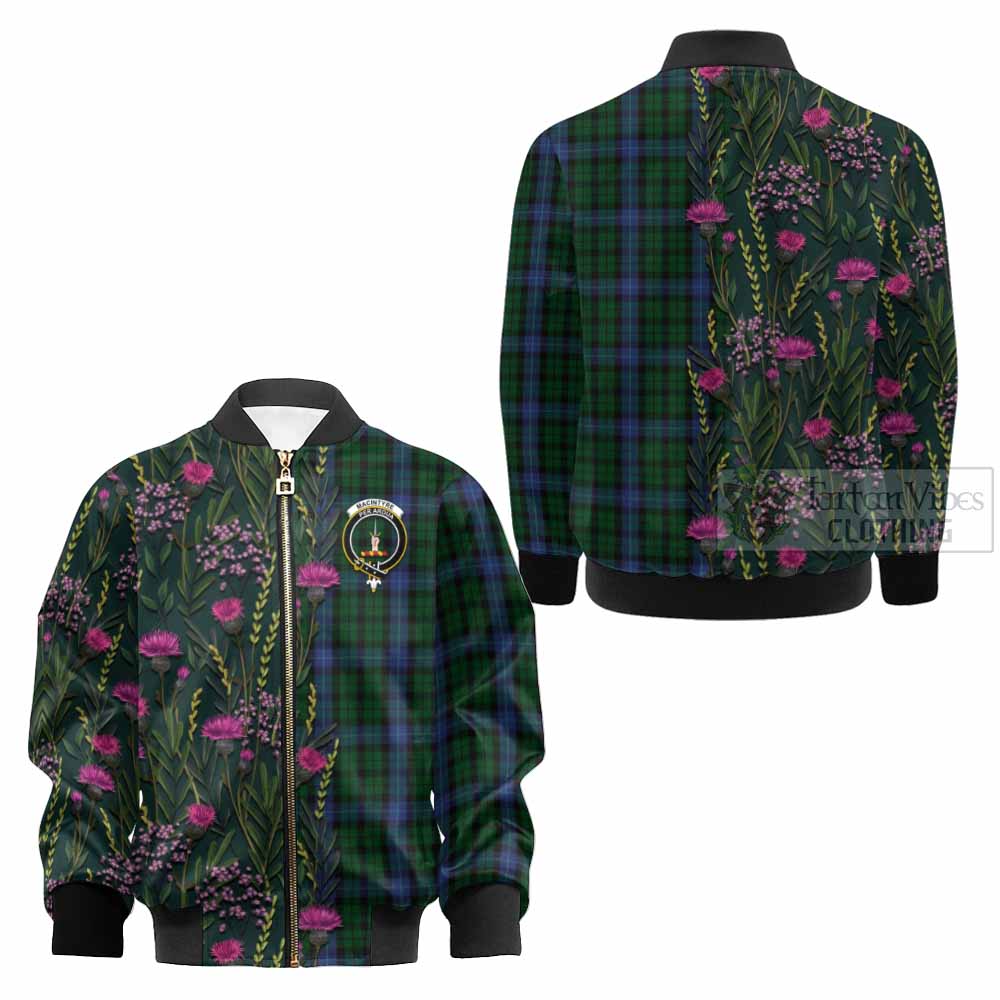 MacIntyre (McIntyre) Family Crest Tartan Kid Bomber Jacket Scottish Thistle Flower Pattern Half Style - Tartan Vibes Clothing
