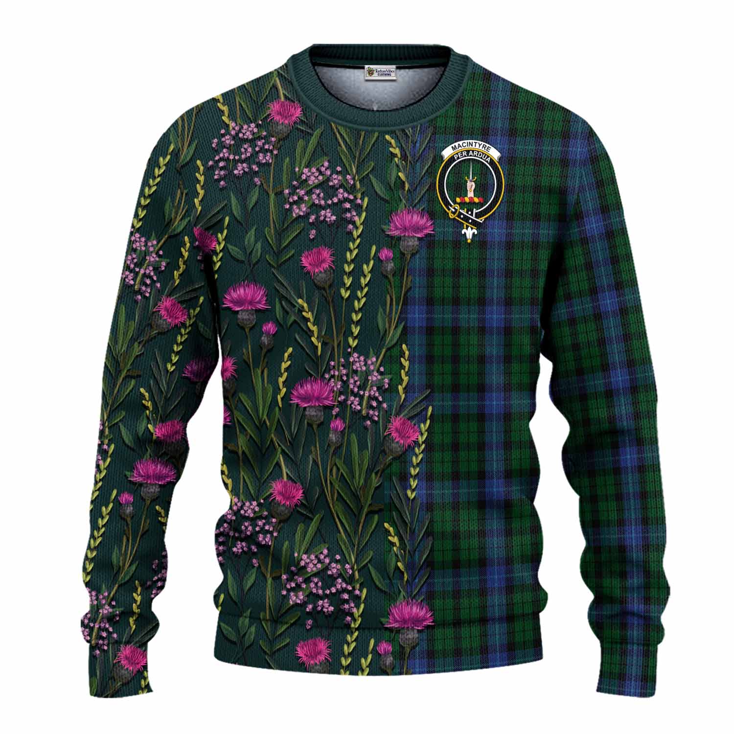 MacIntyre (McIntyre) Family Crest Tartan Knitted Sweater Scottish Thistle Flower Pattern Half Style - Tartan Vibes Clothing