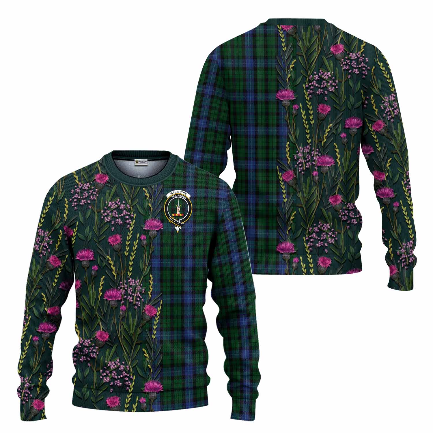 MacIntyre (McIntyre) Family Crest Tartan Knitted Sweater Scottish Thistle Flower Pattern Half Style - Tartan Vibes Clothing