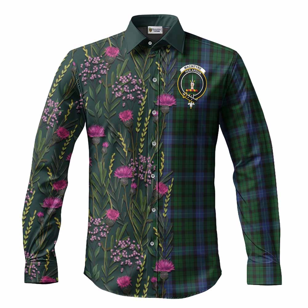 MacIntyre (McIntyre) Family Crest Tartan Long Sleeve Button Shirts Scottish Thistle Flower Pattern Half Style - Tartan Vibes Clothing