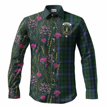 MacIntyre (McIntyre) Family Crest Tartan Long Sleeve Button Shirts Scottish Thistle Flower Pattern Half Style