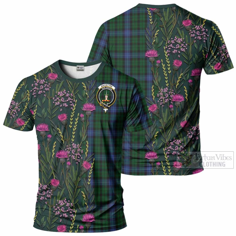 MacIntyre (McIntyre) Family Crest Tartan T-Shirt Scottish Thistle Flower Pattern Half Style - Tartan Vibes Clothing