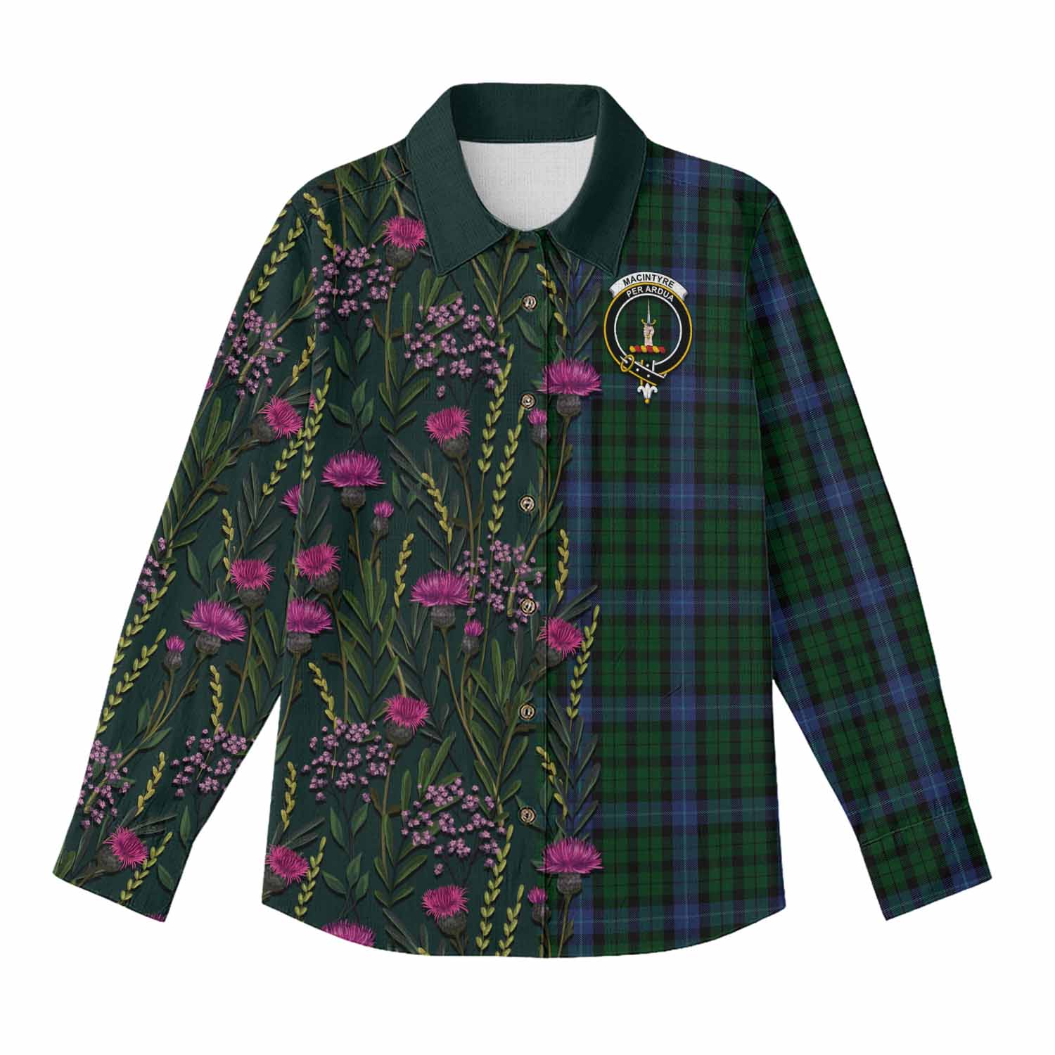 MacIntyre (McIntyre) Family Crest Tartan Women Casual Shirt Scottish Thistle Flower Pattern Half Style - Tartan Vibes Clothing