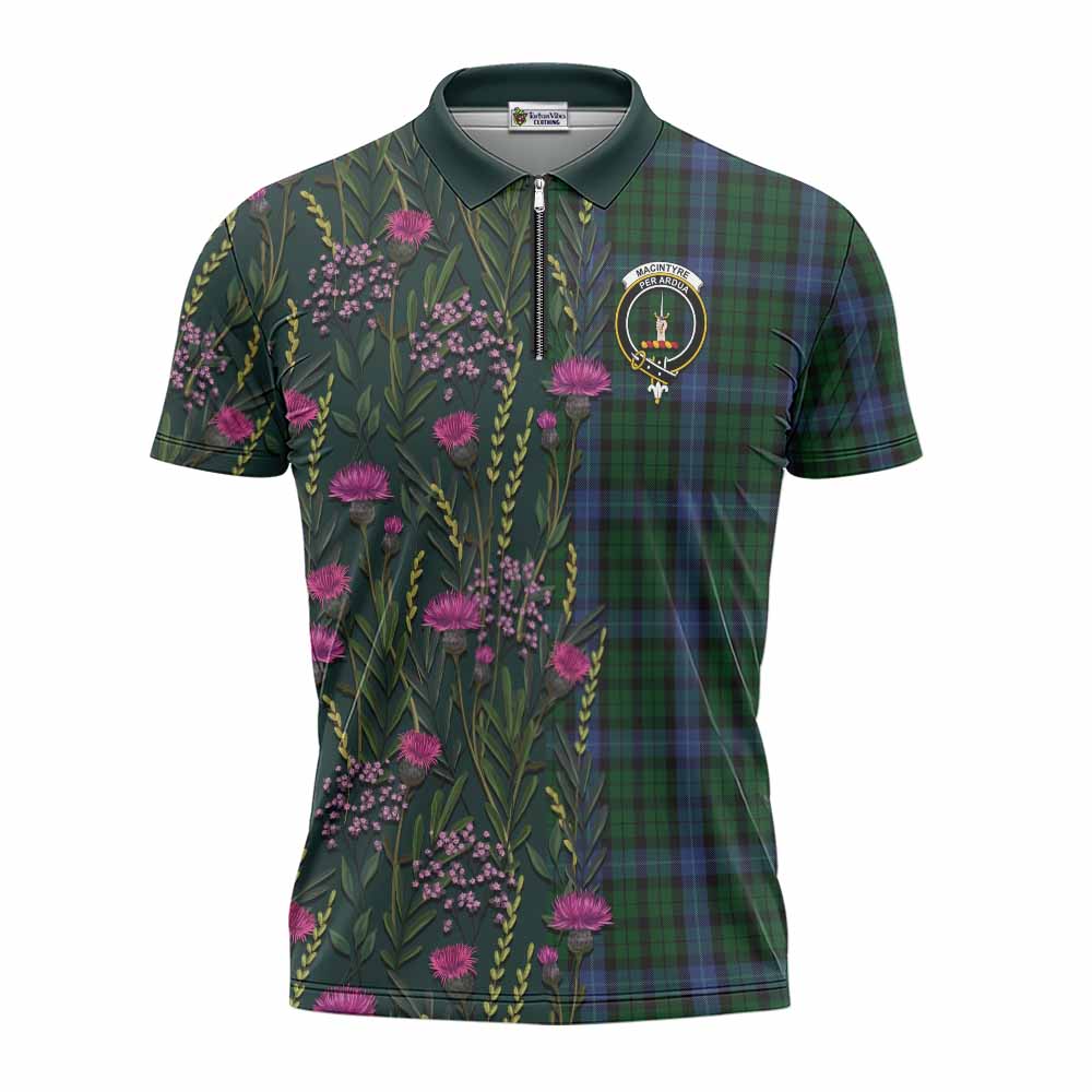 MacIntyre (McIntyre) Family Crest Tartan Zipper Polo Shirt Scottish Thistle Flower Pattern Half Style - Tartan Vibes Clothing