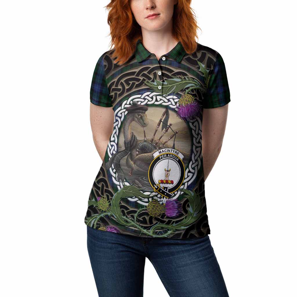 MacIntyre (McIntyre) Tartan Crest Bagpipe Nessie Women Polo Shirt Scottish Loch Ness Monster Celtic Thistle